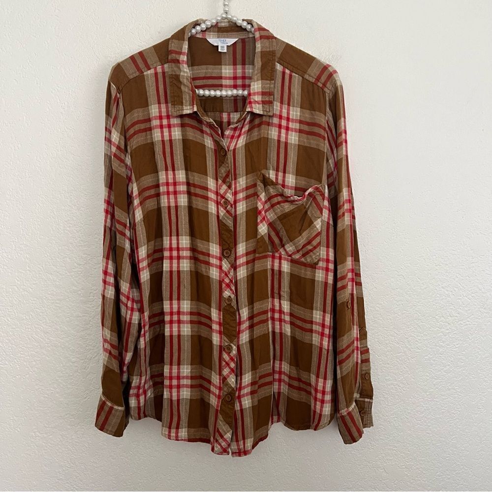 Time & Tru Plaid Long Sleeve Brown Button Front Collared Top Women’s Size XXL - Picture 10 of 10